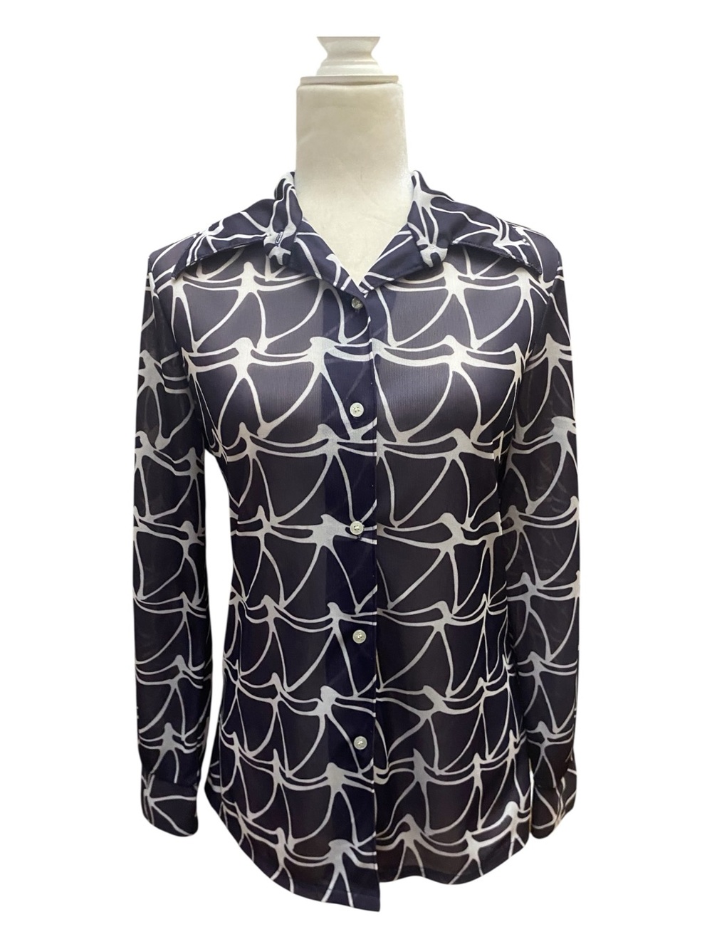 Bodin Knots Womens Sheer Blue Button Down Blouse Retro 70s Style